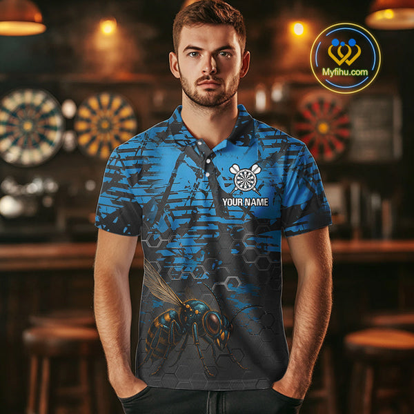 Custom Black And Blue Angry Bee Dart Team Polo Shirts For Men, Dart Jerseys NYN0282