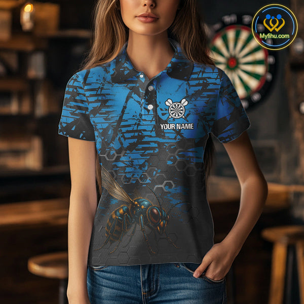 Custom Black And Blue Angry Bee Dart Team Polo Shirts For Women, Dart Jerseys NYN0282