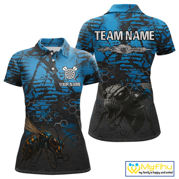 Custom Black And Blue Angry Bee Dart Team Polo Shirts For Women, Dart Jerseys NYN0282