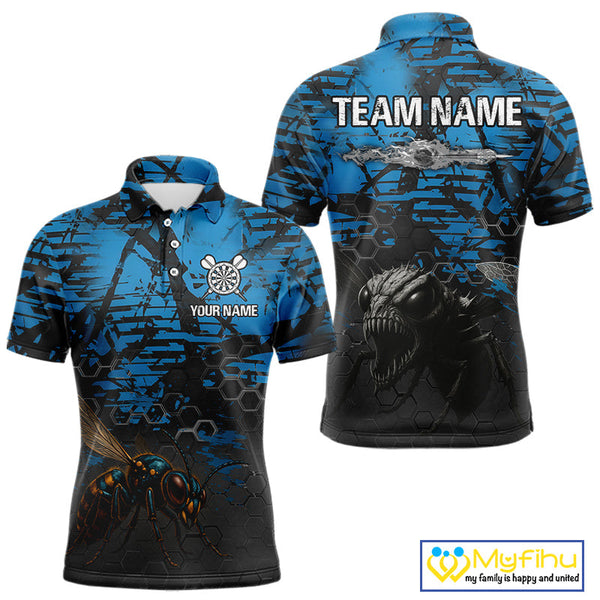 Custom Black And Blue Angry Bee Dart Team Polo Shirts For Men, Dart Jerseys NYN0282