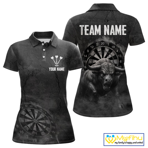 Custom Black And White Smoke Vintage Bull Dart Team Polo Shirts For Women, Dart Jerseys NYN0284