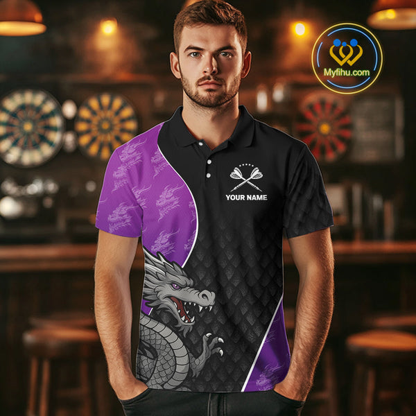 Custom Black And Purple Dragon Dart Polo Shirt For Men, Dart Tournament Shirt NYN0533