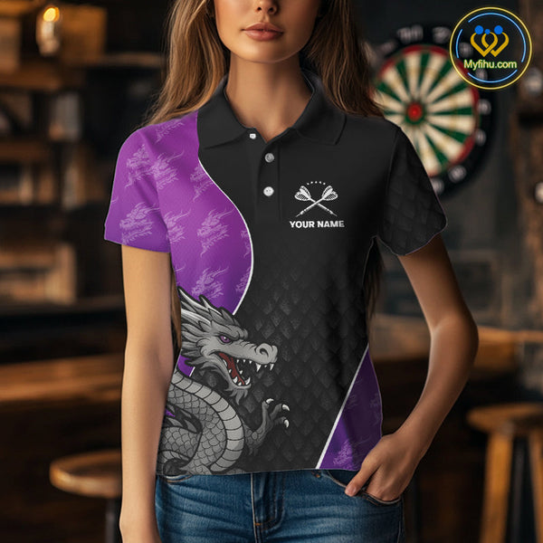 Custom Black And Purple Dragon Dart Polo Shirt For Women, Dart Tournament Shirt NYN0533