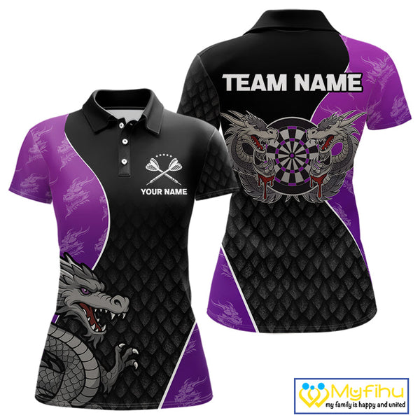Custom Black And Purple Dragon Dart Polo Shirt For Women, Dart Tournament Shirt NYN0533