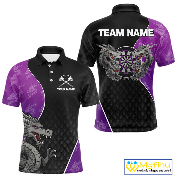 Custom Black And Purple Dragon Dart Polo Shirt For Men, Dart Tournament Shirt NYN0533