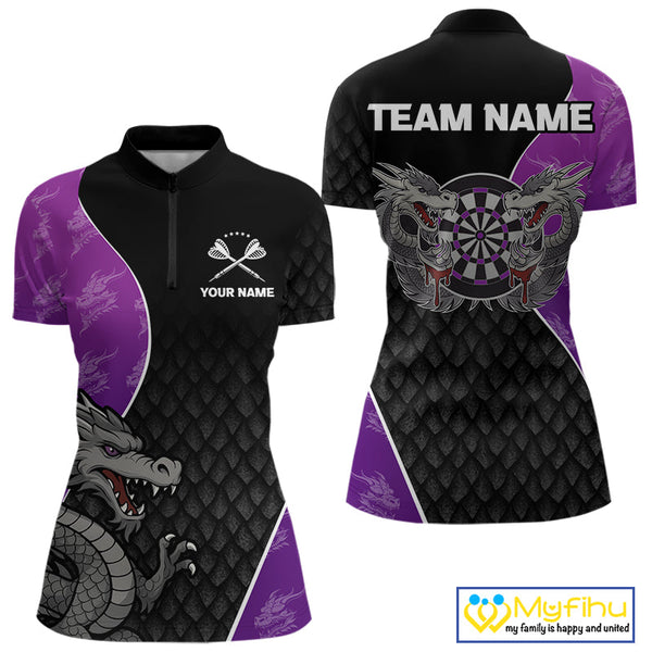 Custom Black And Purple Dragon Dart Quarter-Zip Shirt For Women, Dart Tournament Shirt NYN0533