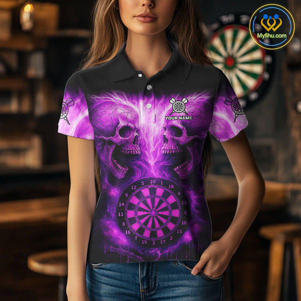 Custom Purple Flame Skull Dart Team Polo Shirt For Women, Halloween Dart Jerseys NYN0539