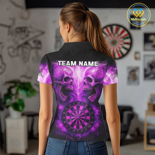 Custom Purple Flame Skull Dart Team Polo Shirt For Women, Halloween Dart Jerseys NYN0539