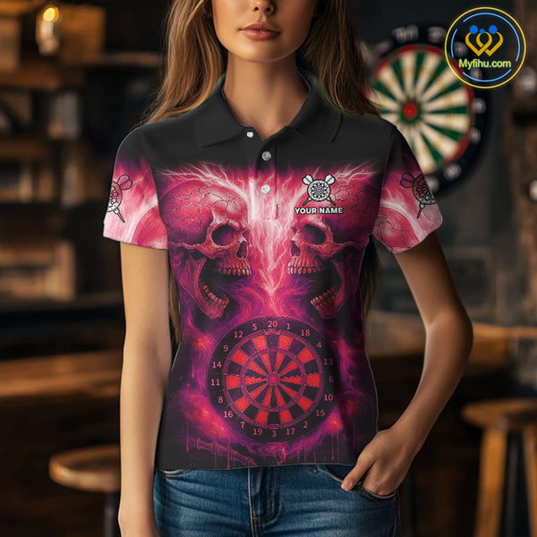 Custom Red Flame Skull Dart Team Polo Shirt For Women, Halloween Dart Jerseys NYN0540