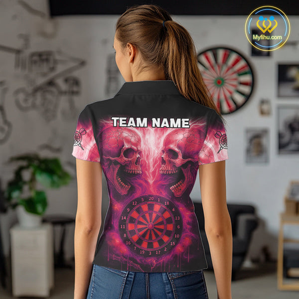 Custom Red Flame Skull Dart Team Polo Shirt For Women, Halloween Dart Jerseys NYN0540