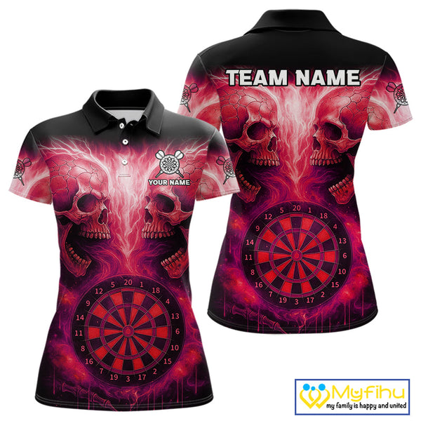 Custom Red Flame Skull Dart Team Polo Shirt For Women, Halloween Dart Jerseys NYN0540