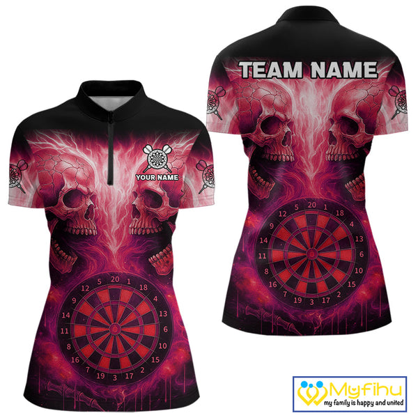 Custom Red Flame Skull Dart Team Quarter-Zip Shirt For Women, Halloween Dart Jerseys NYN0540