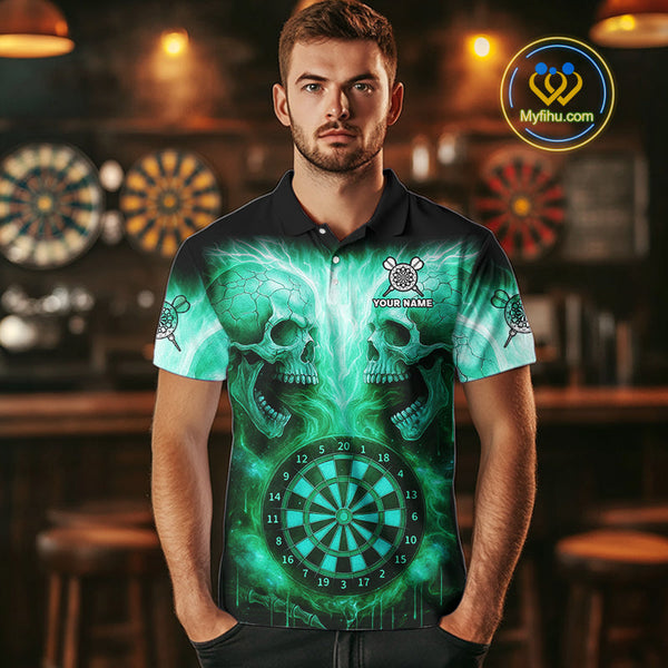 Custom Green Flame Skull Dart Team Polo Shirt For Men, Halloween Dart Jerseys NYN0541