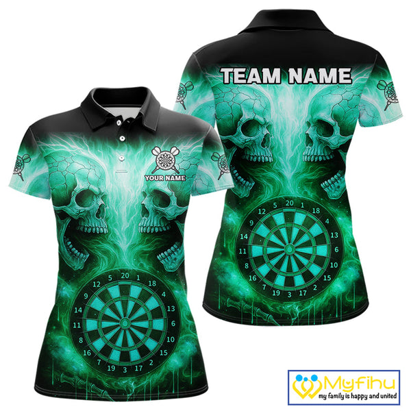 Custom Green Flame Skull Dart Team Polo Shirt For Women, Halloween Dart Jerseys NYN0541
