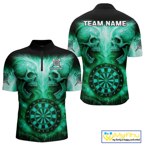 Custom Green Flame Skull Dart Team Quarter-Zip Shirt For Men, Halloween Dart Jerseys NYN0541
