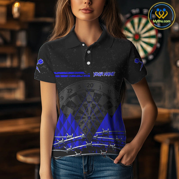 Custom Grunge Black And Blue Barbed Wire Dart Polo Shirts For Women, Dart Jerseys NYN0547