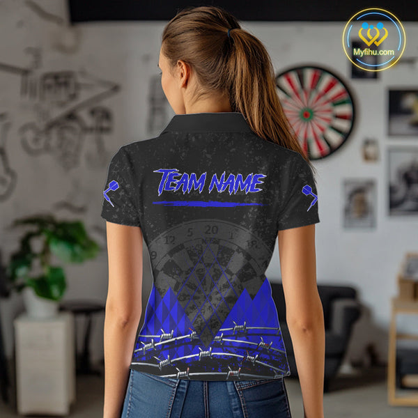Custom Grunge Black And Blue Barbed Wire Dart Polo Shirts For Women, Dart Jerseys NYN0547