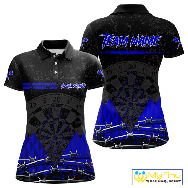 Custom Grunge Black And Blue Barbed Wire Dart Polo Shirts For Women, Dart Jerseys NYN0547