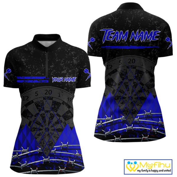 Custom Grunge Black And Blue Barbed Wire Dart Quarter-Zip Shirts For Women, Dart Jerseys NYN0547