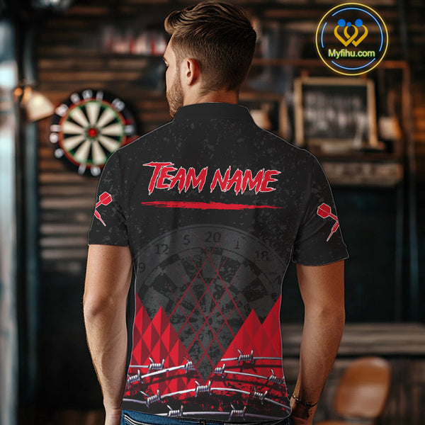 Custom Grunge Black And Red Barbed Wire Dart Polo Shirts For Men, Dart Jerseys NYN0548