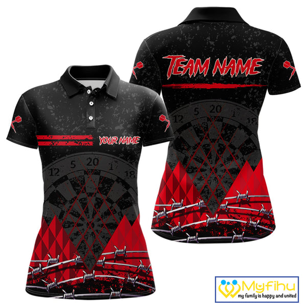 Custom Grunge Black And Red Barbed Wire Dart Polo Shirts For Women, Dart Jerseys NYN0548
