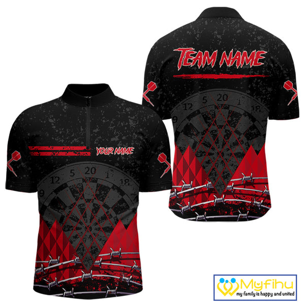 Custom Grunge Black And Red Barbed Wire Dart Quarter-Zip Shirts For Men, Dart Jerseys NYN0548