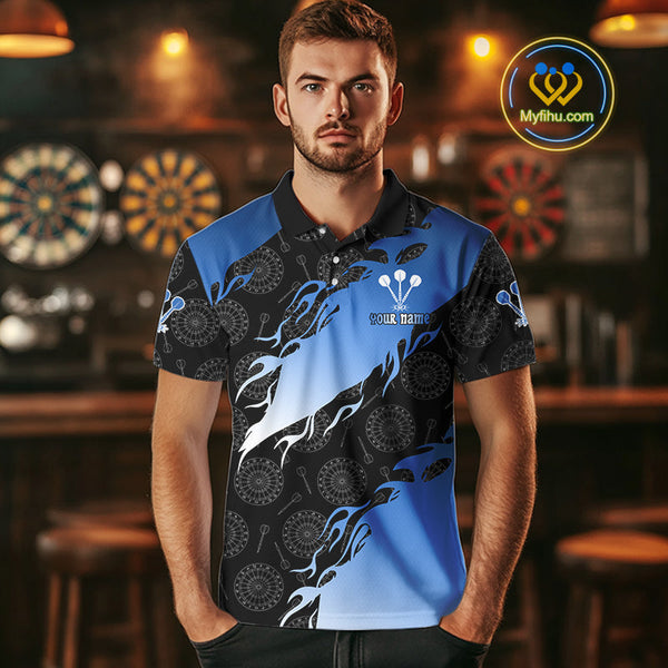 Custom Blue Gradient Flame Dartboard Pattern Dart Team Men Polo Shirts, Dart League Shirt NYN0291