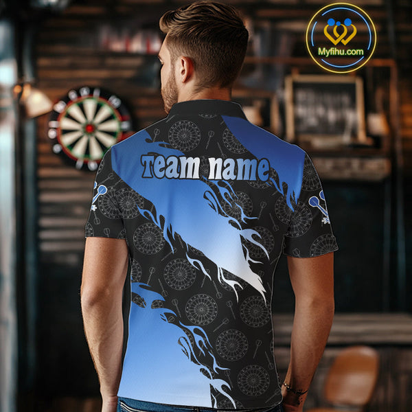 Custom Blue Gradient Flame Dartboard Pattern Dart Team Men Polo Shirts, Dart League Shirt NYN0291