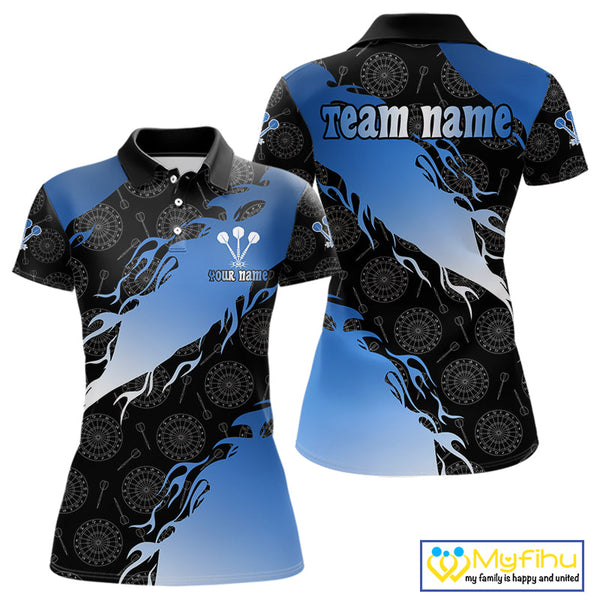 Custom Blue Gradient Flame Dartboard Pattern Dart Team Women Polo Shirt, Dart League Shirt NYN0291