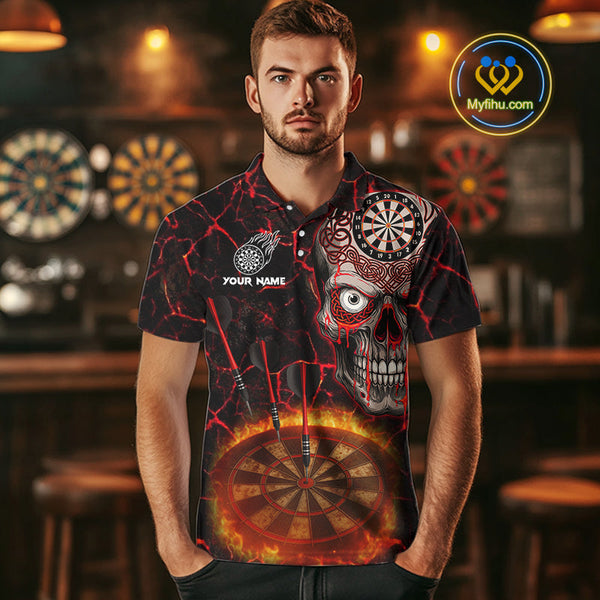 Custom Fire Flame Dartboard Tribal Skull Dart Men Polo Shirt, Halloween Dart Outfit NYN0554