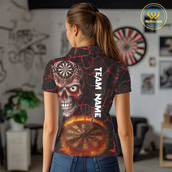 Custom Fire Flame Dartboard Tribal Skull Dart Women Polo Shirt, Halloween Dart Outfit NYN0554
