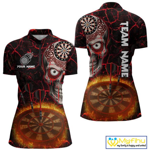 Custom Fire Flame Dartboard Tribal Skull Dart Women Quarter-Zip Shirt, Halloween Outfit NYN0554