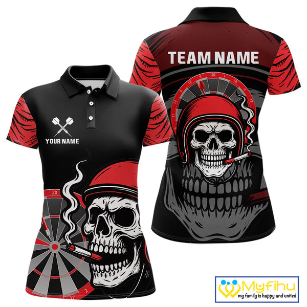 Custom Funny Black And Red Skull Dart Polo Shirt For Women, Dart Jersey NYN0557
