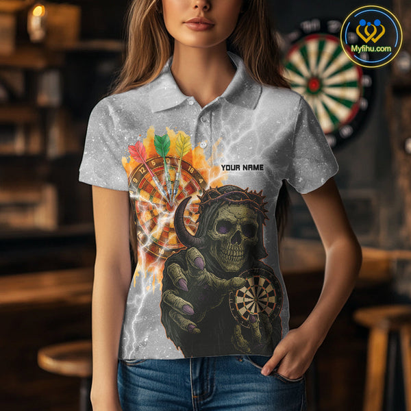 Custom Skull Dart Polo Shirts For Women, Dart Team Tournament Shirt Halloween Outfit NYN0295