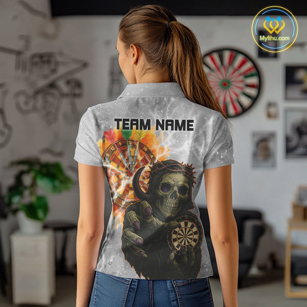 Custom Skull Dart Polo Shirts For Women, Dart Team Tournament Shirt Halloween Outfit NYN0295