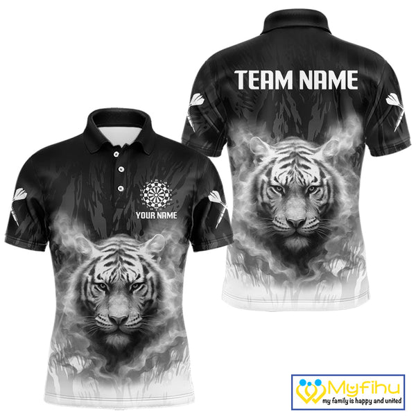Custom Black And White Smoke Flame Tiger Dart Team Men Polo Shirts, Dart Tournament Outfit NYN0296
