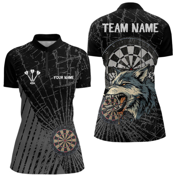 Custom Black Cracking Glass Wolf Dart Team Quarter-Zip Shirts For Women, Dart Jerseys NYN0001