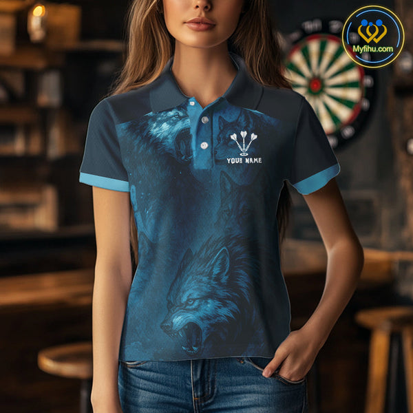 Custom Black And Blue Wolf Dart Team Women Polo Shirts, Wolf Dart League Shirt NYN0306