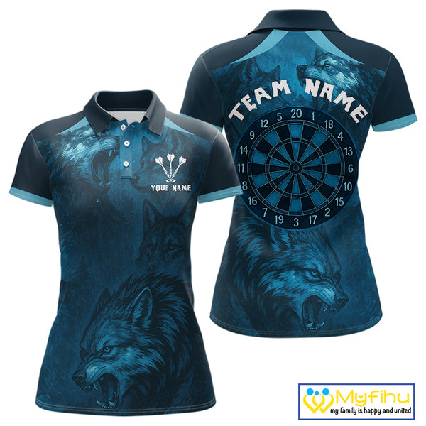 Custom Black And Blue Wolf Dart Team Women Polo Shirts, Wolf Dart League Shirt NYN0306