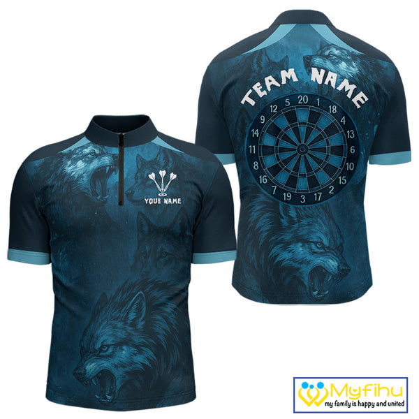 Custom Black And Blue Wolf Dart Team Men Quarter-Zip Shirts, Wolf Dart League Shirt NYN0306