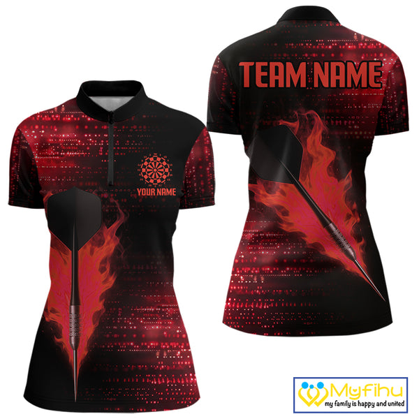 Custom Black And Red Dart Arrow Dart Team Quarter-Zip Shirts For Women, Dart League Shirt NYN0310