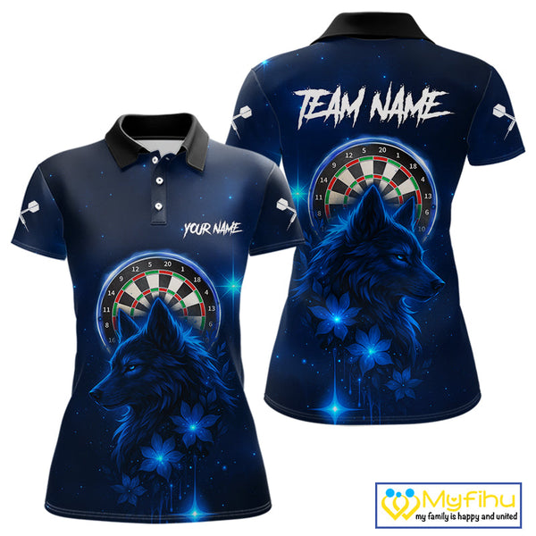 Custom Black And Blue Galaxy Wolf Dart Team Polo Shirt For Women, Dart Jersey NYN0577
