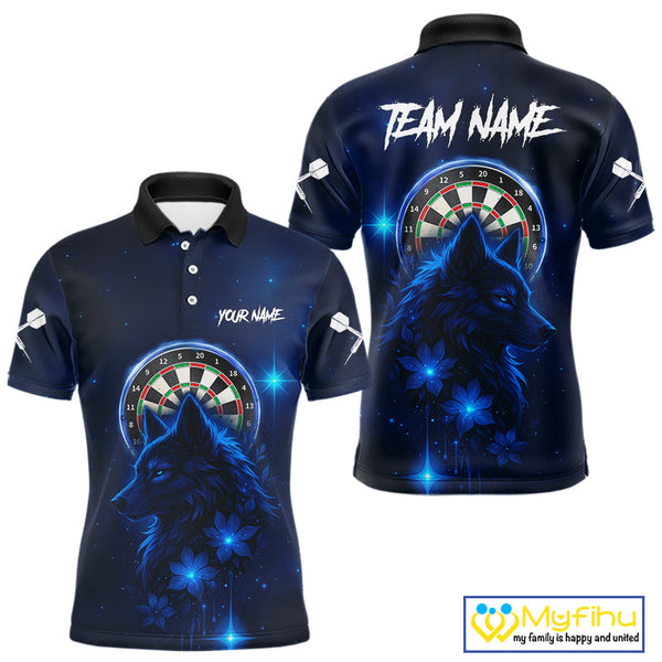 Custom Black And Blue Galaxy Wolf Dart Team Polo Shirt For Men, Dart Jersey NYN0577