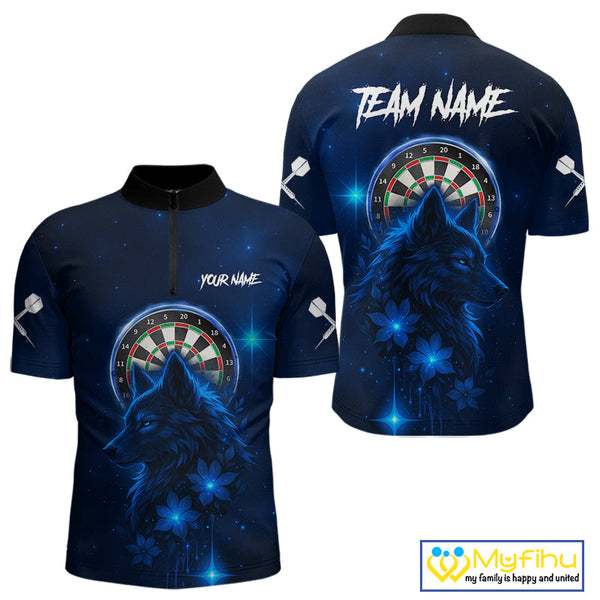Custom Black And Blue Galaxy Wolf Dart Team Quarter-Zip Shirt For Men, Dart Jersey NYN0577
