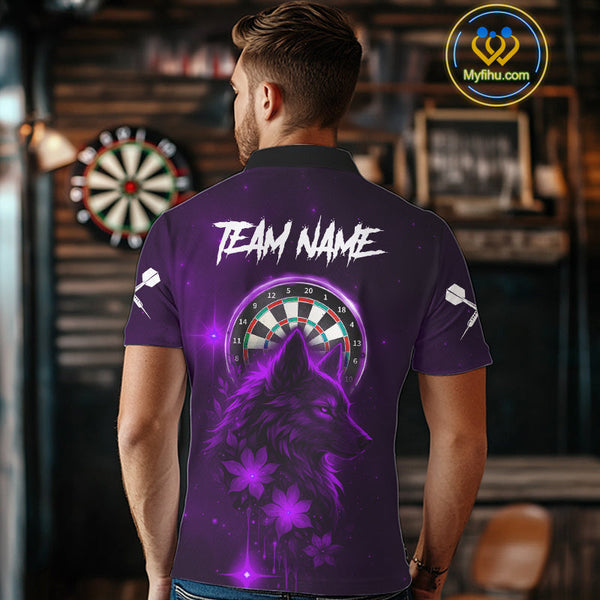 Custom Black And Purple Galaxy Wolf Dart Team Polo Shirt For Men, Dart Jersey NYN0578