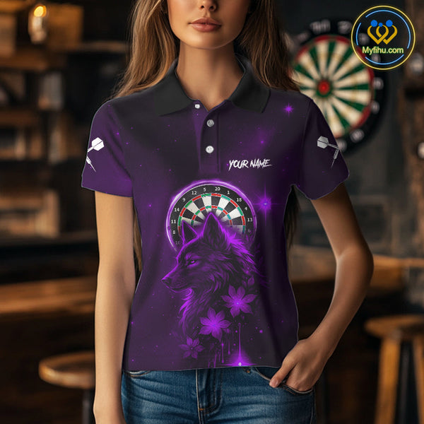 Custom Black And Purple Galaxy Wolf Dart Team Polo Shirt For Women, Dart Jersey NYN0578