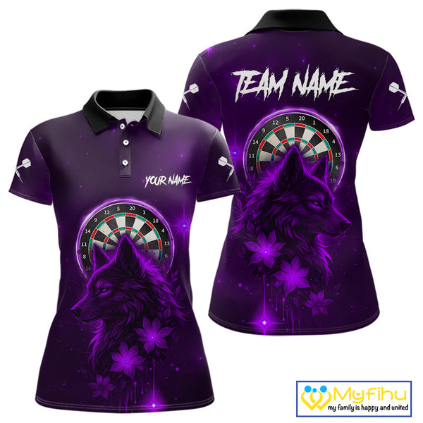 Custom Black And Purple Galaxy Wolf Dart Team Polo Shirt For Women, Dart Jersey NYN0578