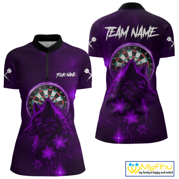 Custom Black And Purple Galaxy Wolf Dart Team Quarter-Zip Shirt For Women, Dart Jersey NYN0578