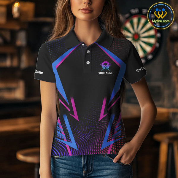 Custom Blue And Purple Skull Dart Polo Shirts For Women, Dart Tournament Team Shirt NYN0313