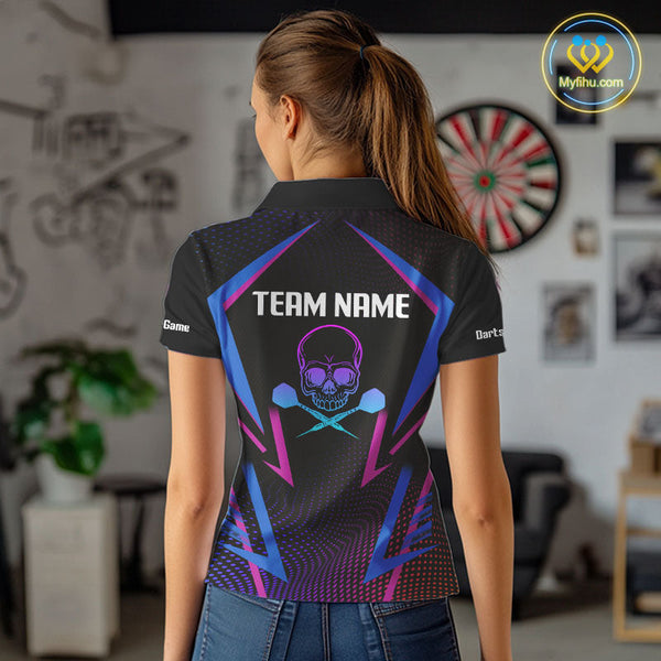 Custom Blue And Purple Skull Dart Polo Shirts For Women, Dart Tournament Team Shirt NYN0313
